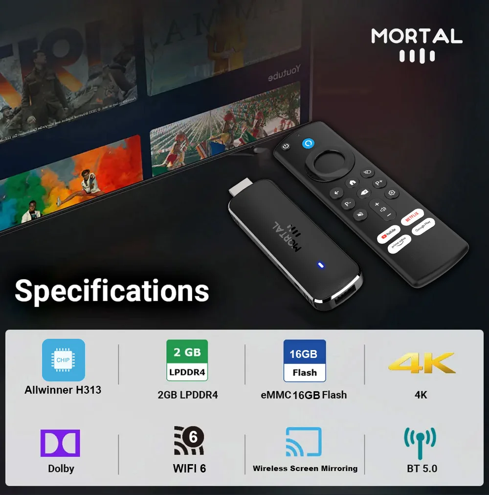 S21b60a535ffb4cc9b3ffdec0e3247380K Android14 TV Stick Mortal Q8 Global Version Allwinner H313 Chip Wifi6 Voice Remote 8K 4K@60fps YouTube Stream TV stick 2G8G16G