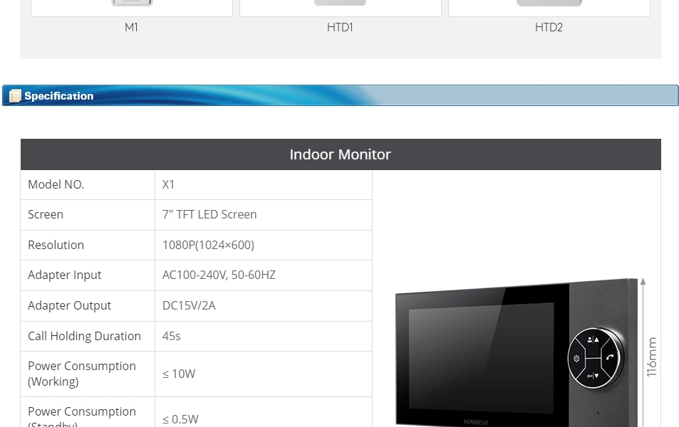 S2a55d8fc23664cc380dfb234720e4345W Moniteur intérieur 7" HD mode muet avec prise DC15 pour interphone vidéo HOMSECUR 4 fils, sécurité domestique