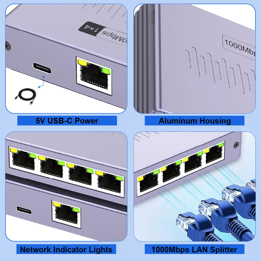 S323a8bcd7fb645049eb544c34e96bc4dg 1 to 4 Gigabit Ethernet Switch RJ45 Splitter 1000Mbps 4 Port LAN Network Hub Adapter