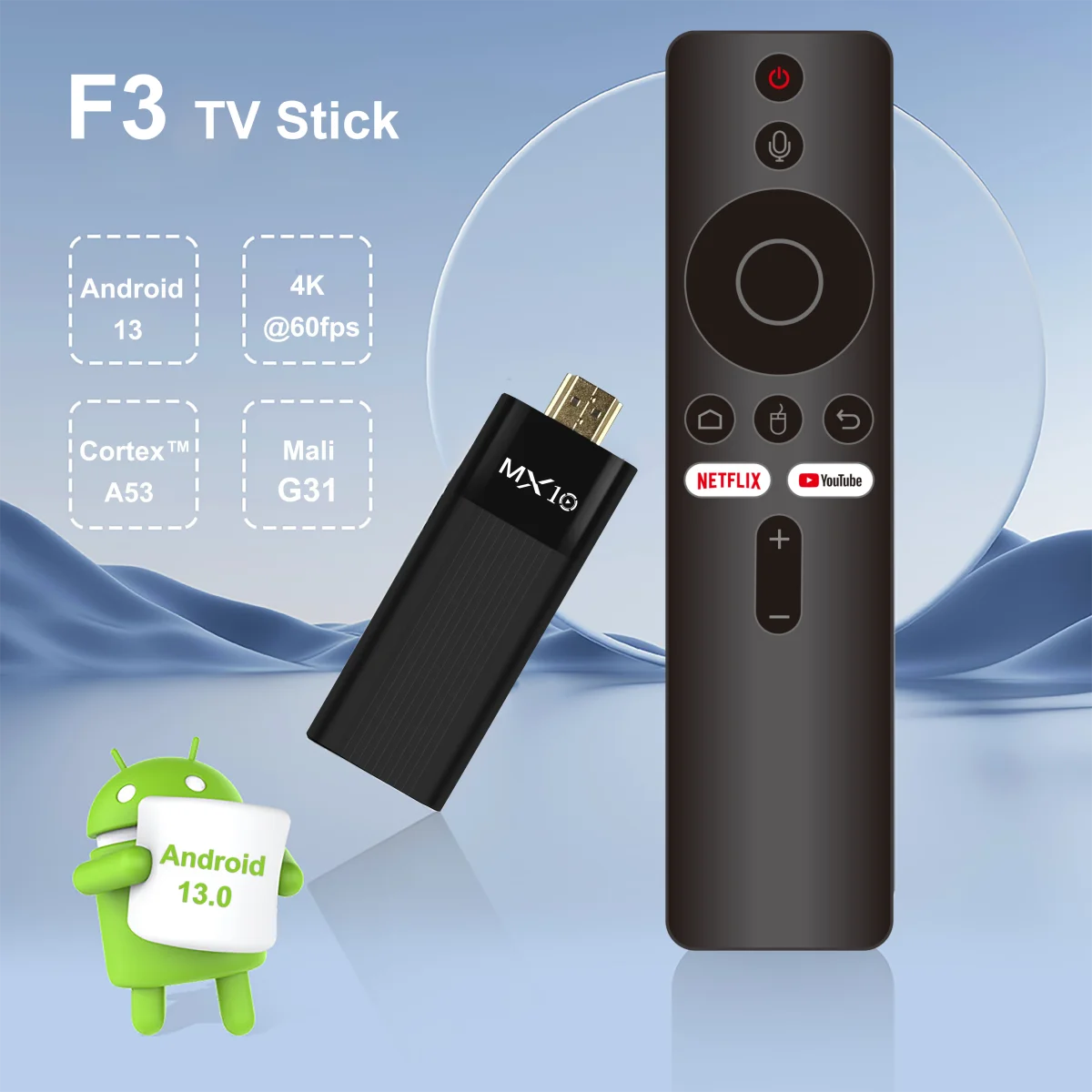 S367309248dd740dd954b076253b497252 Ultra HD 4K Android TV Stick MX10-F3 Stick Mini Home TV Stick H313 Quad Core Support 2.4/5G Dual Wifi 2GB RAM 16GB ROM