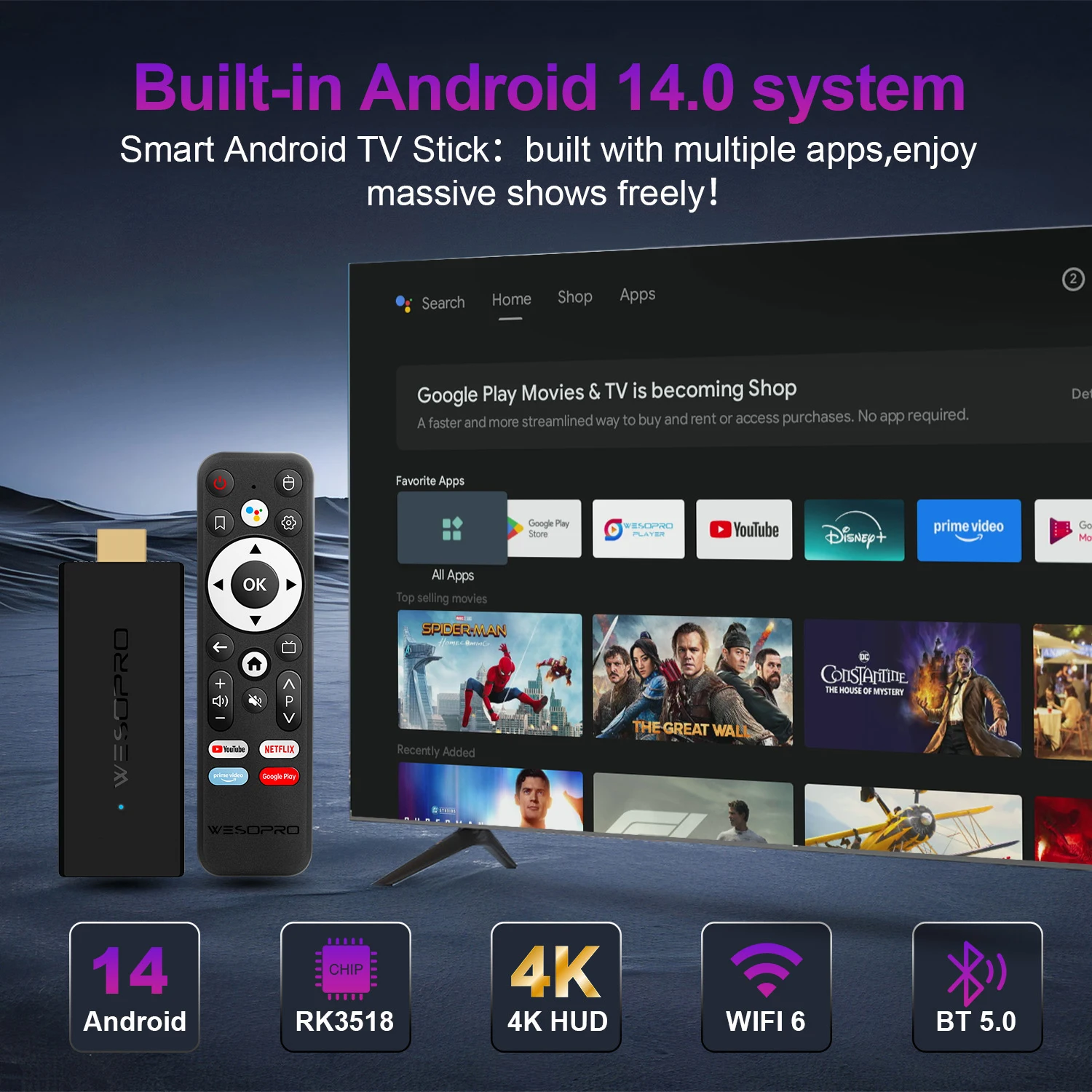 S37a38789de6d4e358d440acef20435f1t WESOPRO Clé TV Android G2 MAX, dongle IPTV 4K, lecteur streaming, 2 Go RAM 16 Go ROM, double bande WiFi 2.4GHz & 5.0GHz