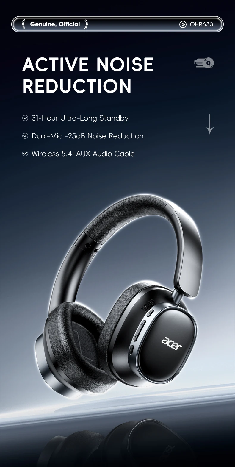 S38b5400266b344daa65c29b577c1168bO Acer Ohr633 2026 Nouveau modèle, casque Bluetooth sans fil HiFi stéréo, ANC réduction de bruit d'appel, pliable réglable, micro HD intégré, gaming