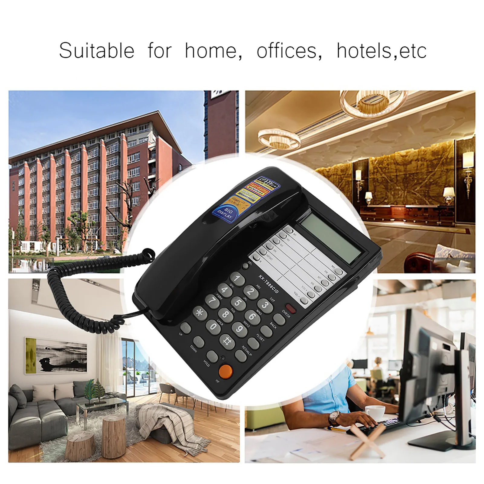 S3a8f5ff10a1e4066a58dced4330db28eL Téléphone filaire de bureau mural, maison hôtel, fixe noir DTMF/FSK, appel clair, utilisation facile