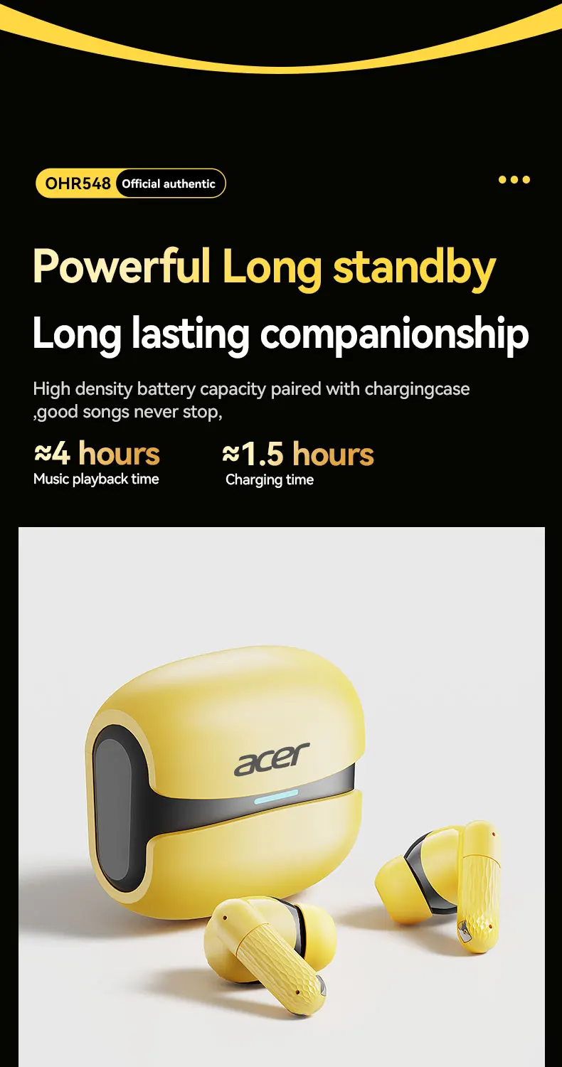 S3b60ad769e244e47be960a1de11f8aafZ Acer Ohr548 Wireless Bluetooth Headphones with In-Ear Design, Anc Call Noise Reduction, Charging Case, Stereo Sound Effect, Low Latency for Gaming, Comfortable Fit for Sports, Running, and Fitness