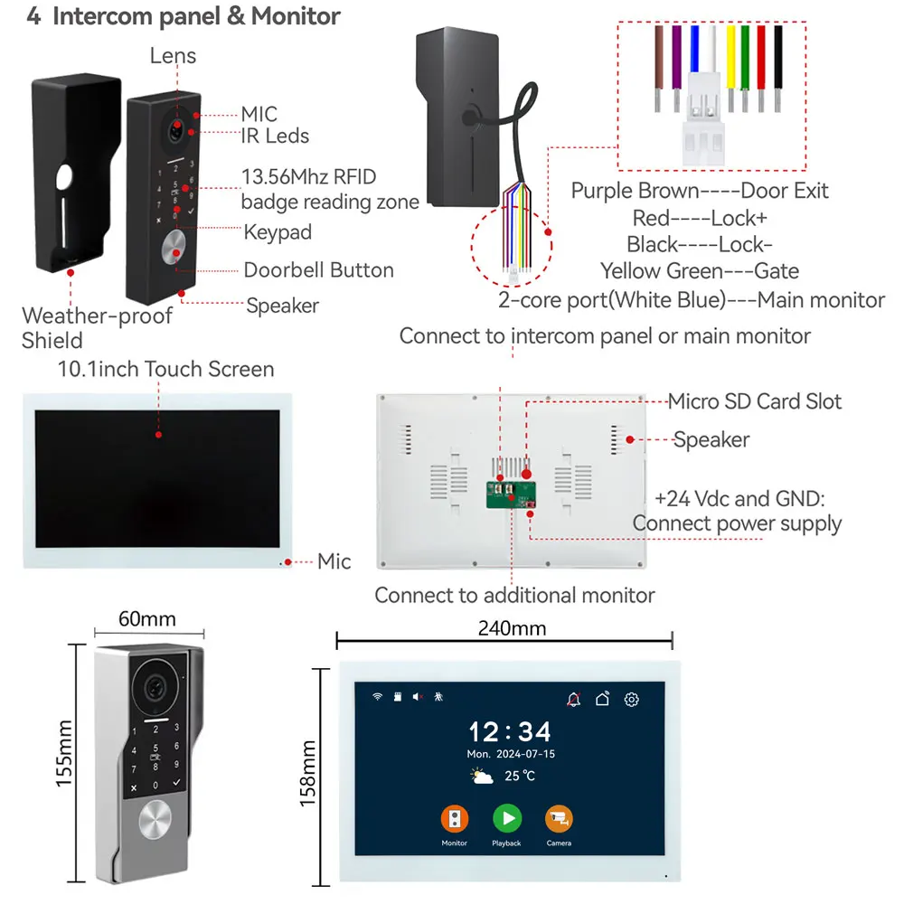 S3c59472a41ed4eab8c56479239dd22e3V 2-Wire TUYA Smart Video intercom doorbell 1080P Waterproof Camera 5G Wifi 7/10inch Touch Screen Support Password Inductive Card