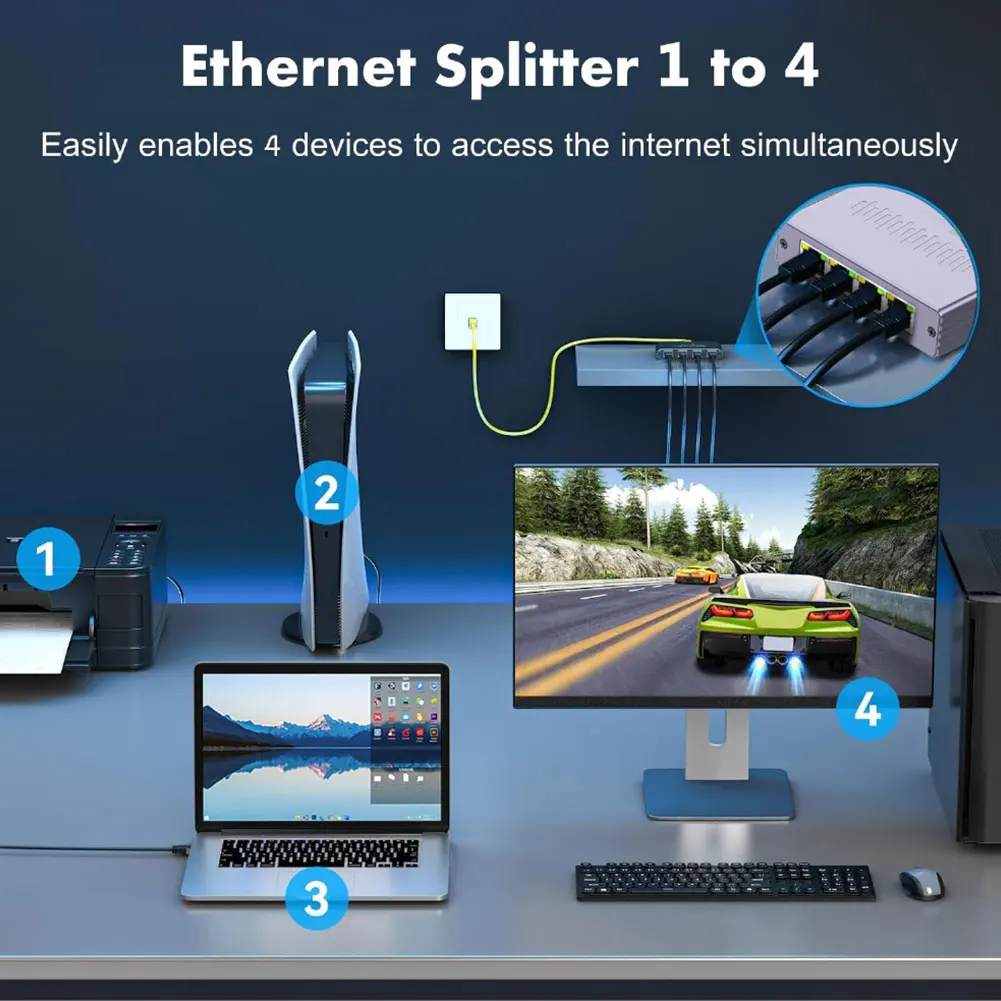 S3e5b952925604523b5ca432b55ecd908U 1 to 4 Gigabit Ethernet Switch RJ45 Splitter 1000Mbps 4 Port LAN Network Hub Adapter