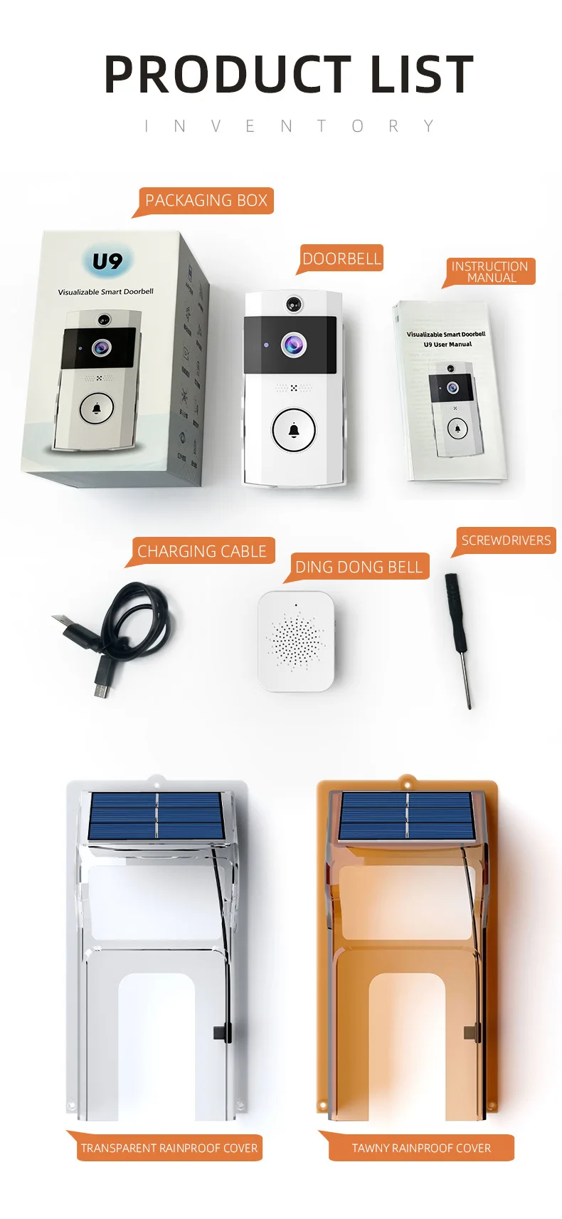 S42e1a6be16a44680b63796ffb4fdfe41h Wireless Video Doorbell with Solar Rain Cover Waterproof Wifi Door Bell Camera Color Intercom Video Doorbell Smart Home Security