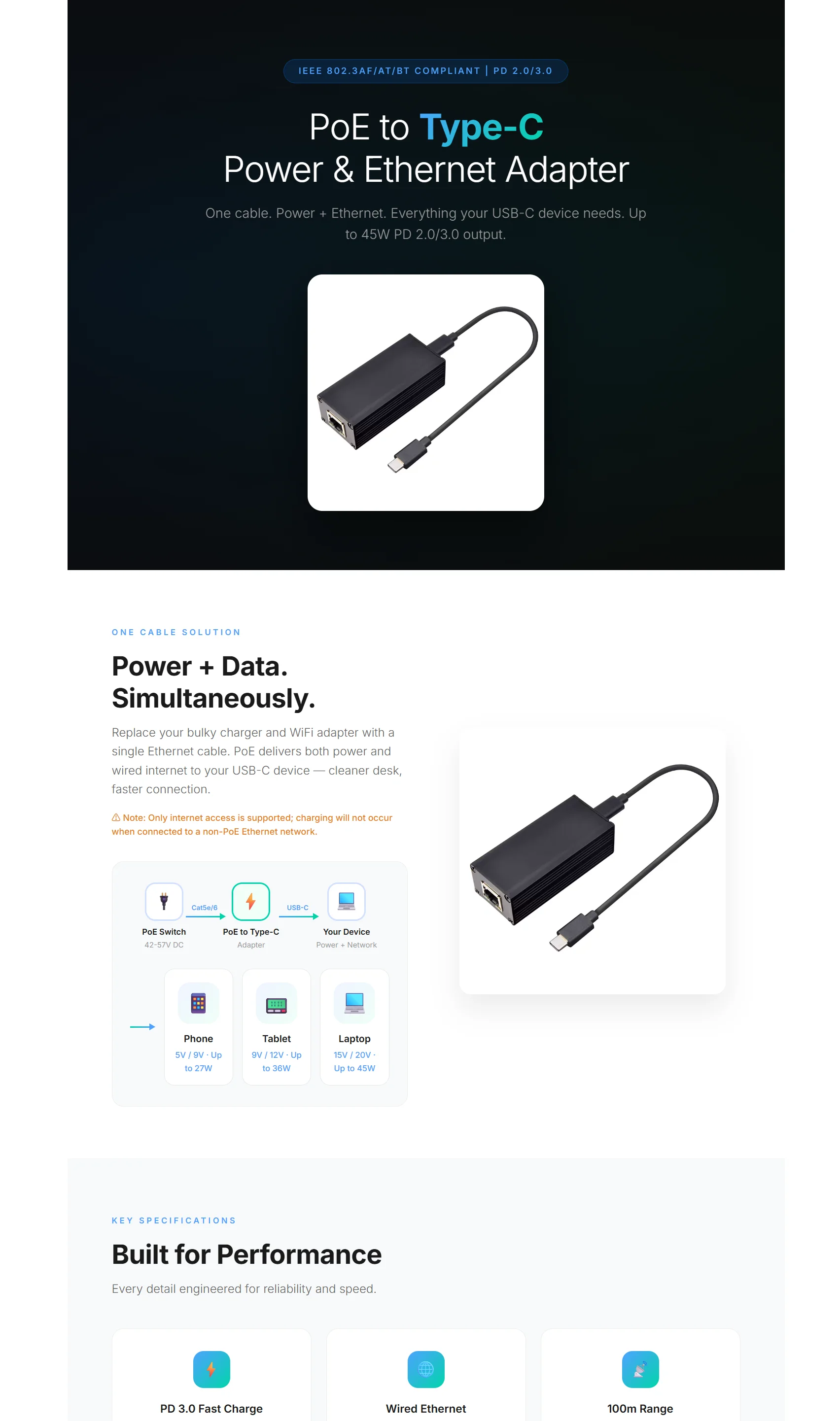 S43d41596be4e42a9a09f6a030bac32cf1 2.5G 45W PoE to USB-C Converter Adapter, Type-C Output Power & Ethernet 2 in 1, Max 20V 45W Charging & 2.5Gbps rate