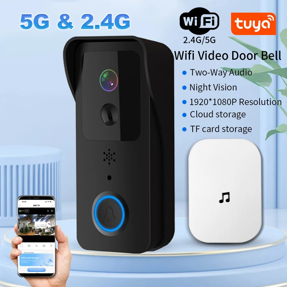 S472029dcaad74a8db67987c8a7ff2071m 5G 2.4G WiFi Video Doorbell 1080P Tuya Smart Outdoor Wireless Intercom Waterproof Wireless Camera Ringing Bell