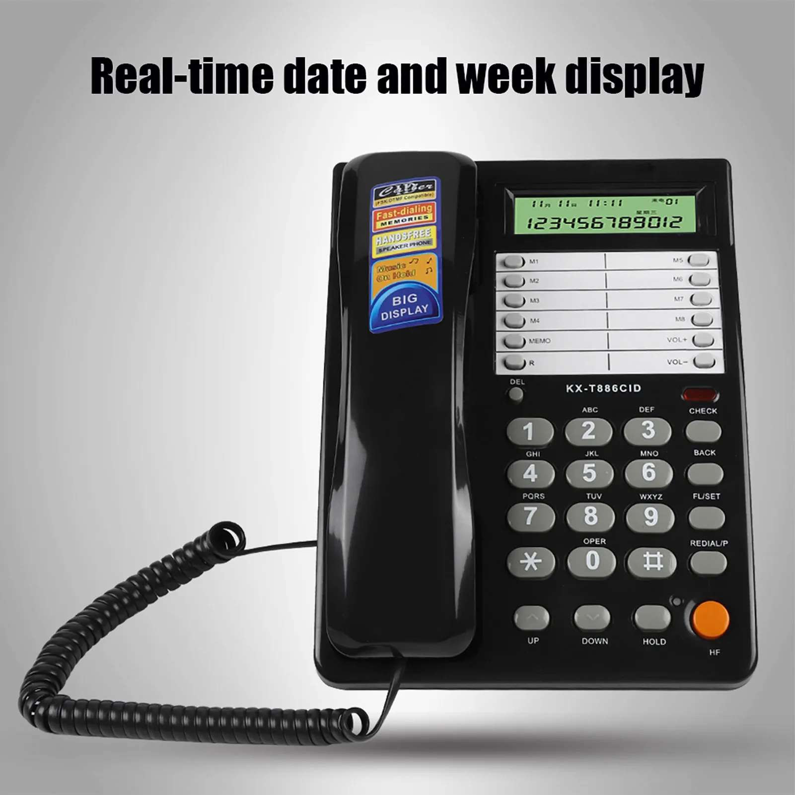 S4ac40d09561f459cb87fad975a575f86P Téléphone filaire de bureau mural, maison hôtel, fixe noir DTMF/FSK, appel clair, utilisation facile