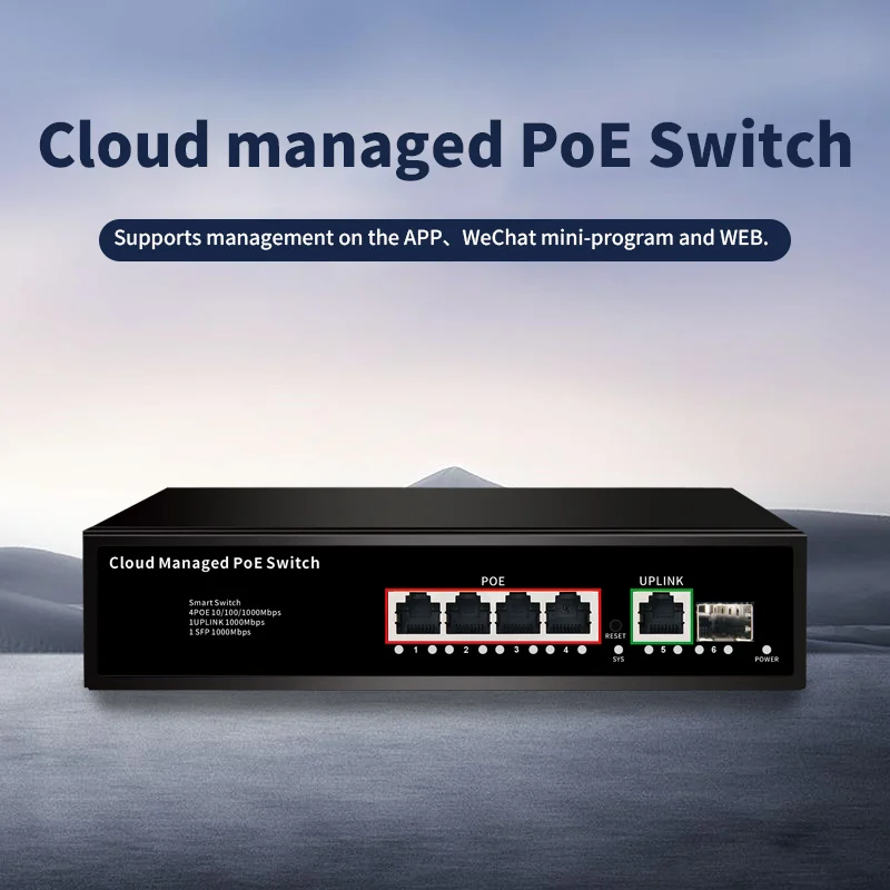 S4ad066c31b85483aad464ecf9e2a79e8I 4 Port Cloud managed 1000Mbps PoE Switch Support Web/App Smart Managed Remote Control Network Switch for Small Office Home