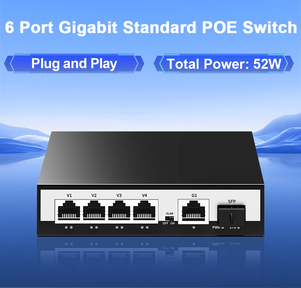 S4d69c91ac2e84548ba66f70e9f426c58Q HORACO 6 Port Gigabit POE Switch 1000Mbps Active POE Network Switch 52W for IP Camera,NVR,Surveillance,CCTV,POE Camera