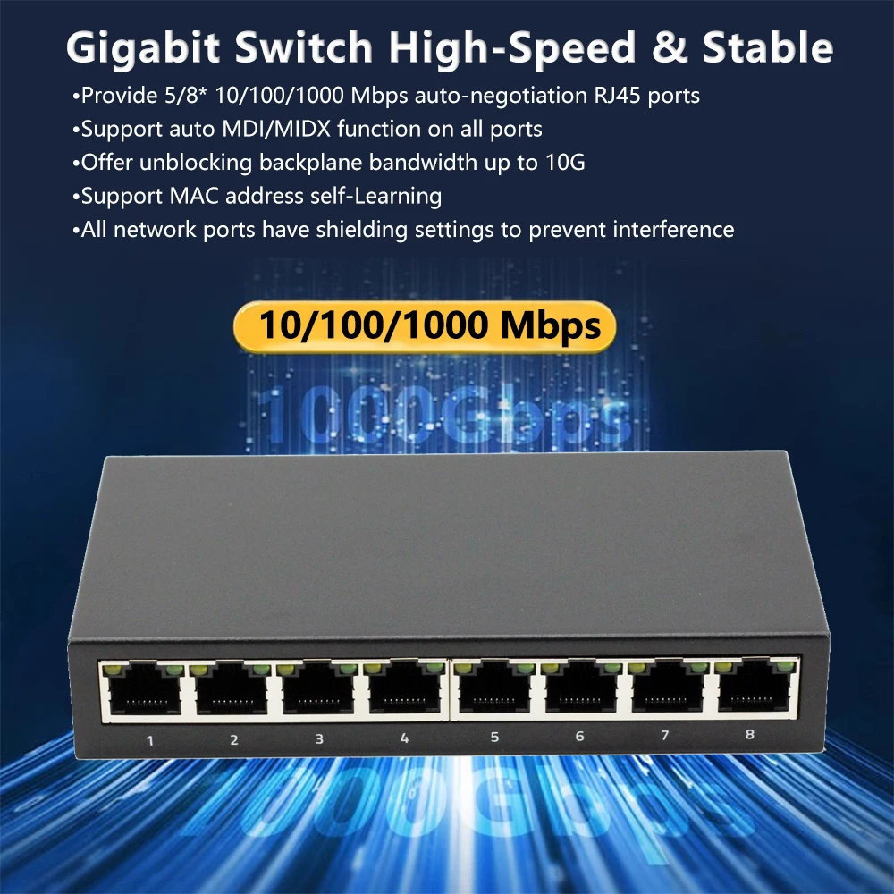S4f1347d6cad949ae847ee13c8fc83076B RJ45 5/8 port fast Ethernet switch 10/100/1000Mbps high quality network switch Ethernet is suitable for office, home, printer
