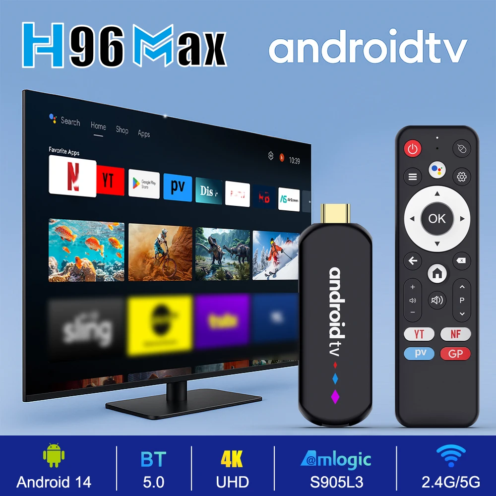 S5574543bb9654ac99984376b568c838dE Clé TV Smart S905L3 H96 MAX Android 14.0 4K, BT, double WiFi 2.4G 5G, lecteur multimédia, assistant vocal, 2 Go 16 Go