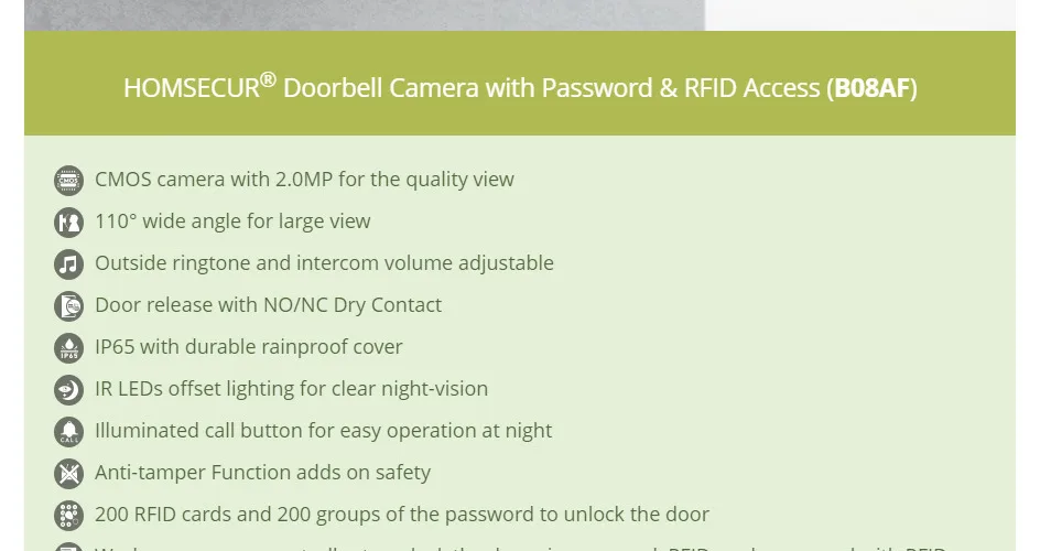 S5739bb41011e4f479f9de8a44045160c4 B08AF 4 Wire Waterproof 1080P HD Doorbell Camera RFID Password Access for HOMSECUR Tuya WIFI Video Doorbell Intercom System