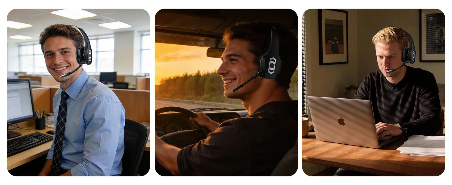 S5b1d2950d8d7473496b0217329bfd043H Casque Bluetooth Trucker avec base de charge, sans fil mains libres, micro antibruit et bouton mute, 56 h d'autonomie