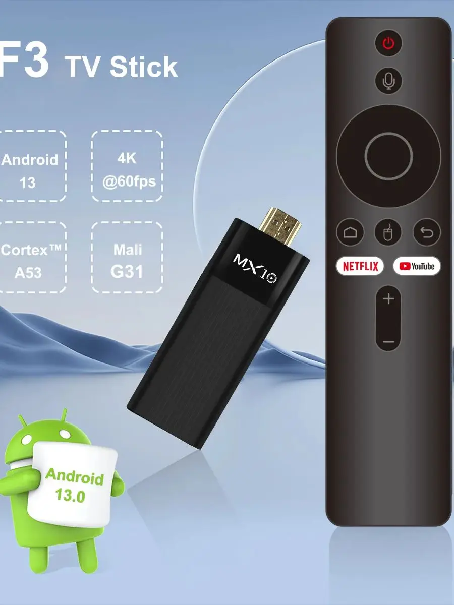 S5b3feeec41dd44a8b987da55430266d6k Ultra HD 4K Android TV Stick MX10-F3 Stick Mini Home TV Stick H313 Quad Core Support 2.4/5G Dual Wifi 2GB RAM 16GB ROM