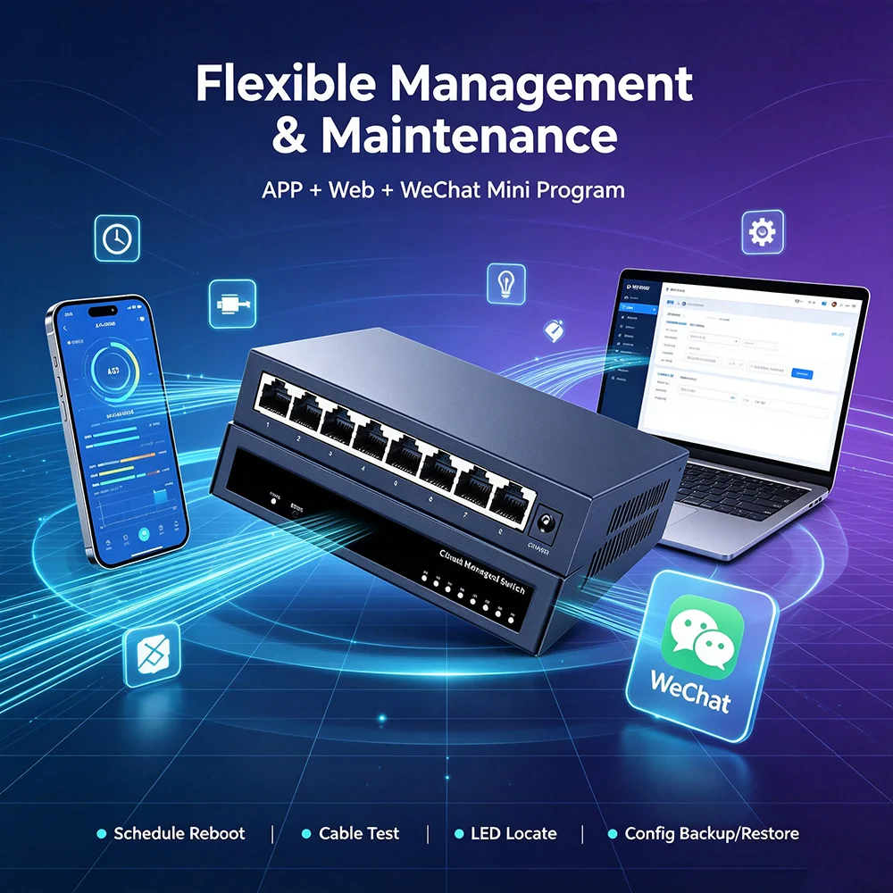 S6164128d04d04cbdb3d2574f1ff543ech 8/5 Port Gigabit Web Managed Switch Metal Fanless Home Lab Network Switch Link Aggregation/VLAN/QOS/IGMP/AI Port Monitoring