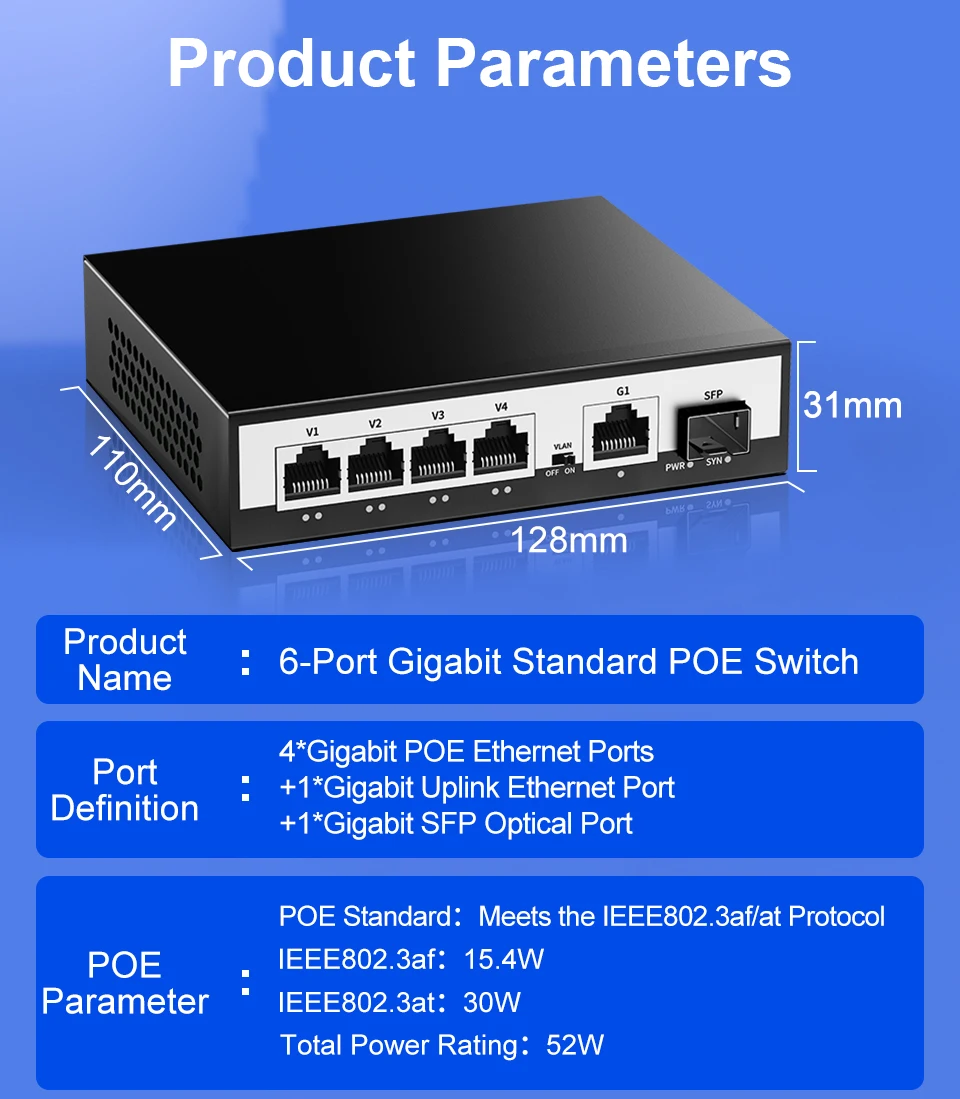 S61f611103cd5407599c7fd3be2e7b609Z HORACO 6 Port Gigabit POE Switch 1000Mbps Active POE Network Switch 52W for IP Camera,NVR,Surveillance,CCTV,POE Camera