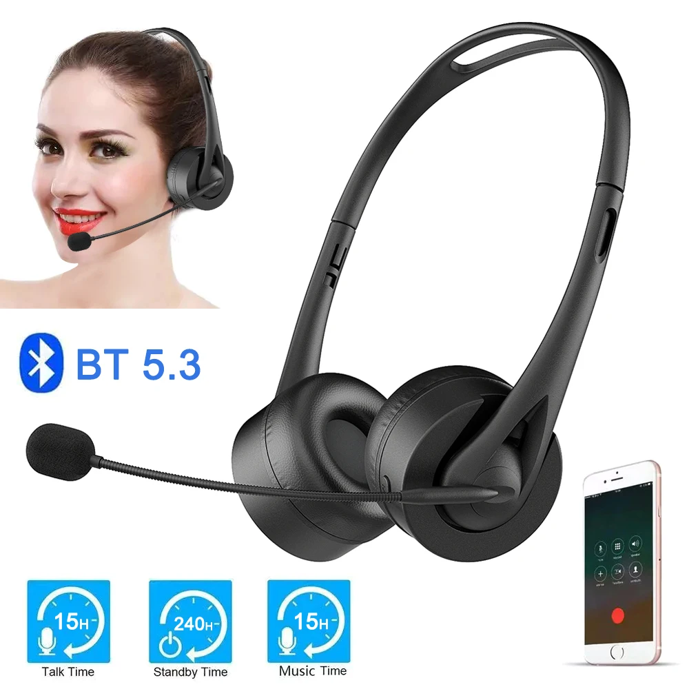 S693ca45c0f924048b8c654602d1aab50q Casque Bluetooth 5.3 avec micro, réduction de bruit, mains libres, HiFi sans perte, sans fil, pour centre d'appels bureau PC