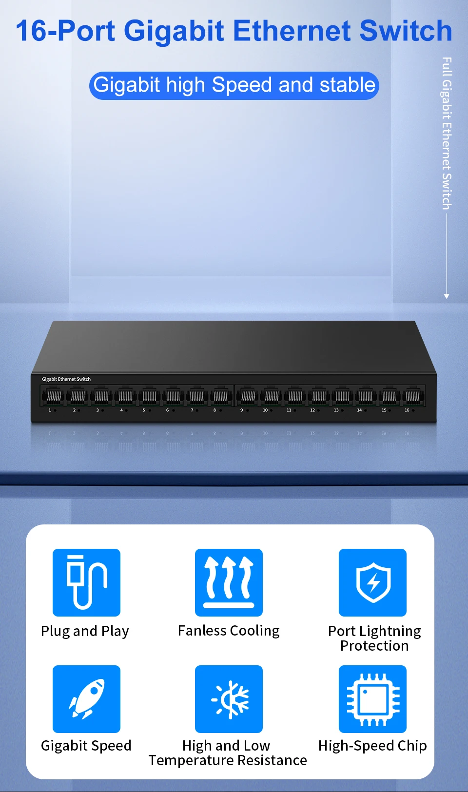 S6dc9f8ca0dfc473fa14a2f37895778aei HORACO Switch réseau Gigabit 16 ports, non administrable, 1000M, de bureau, plug and play, sans ventilateur, homelab Ethernet