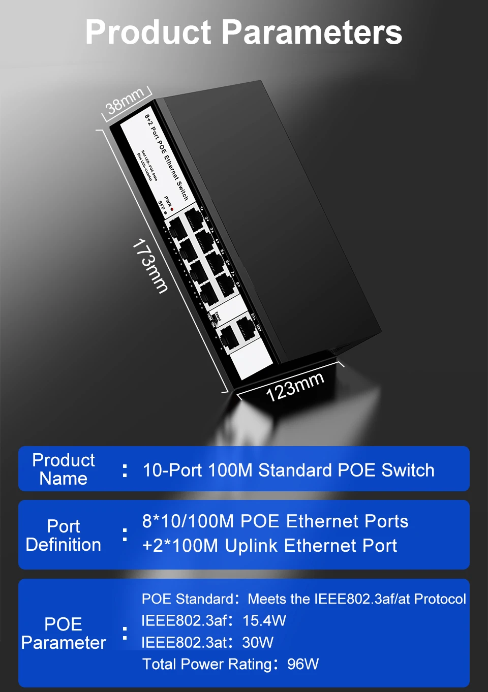S6e120133ba764aefa87456204a1effe4g HORACO 8 Port 100M POE Switch 100Mbps Active POE Network Switch 96W for IP Camera,NVR,Surveillance,CCTV,POE Camera