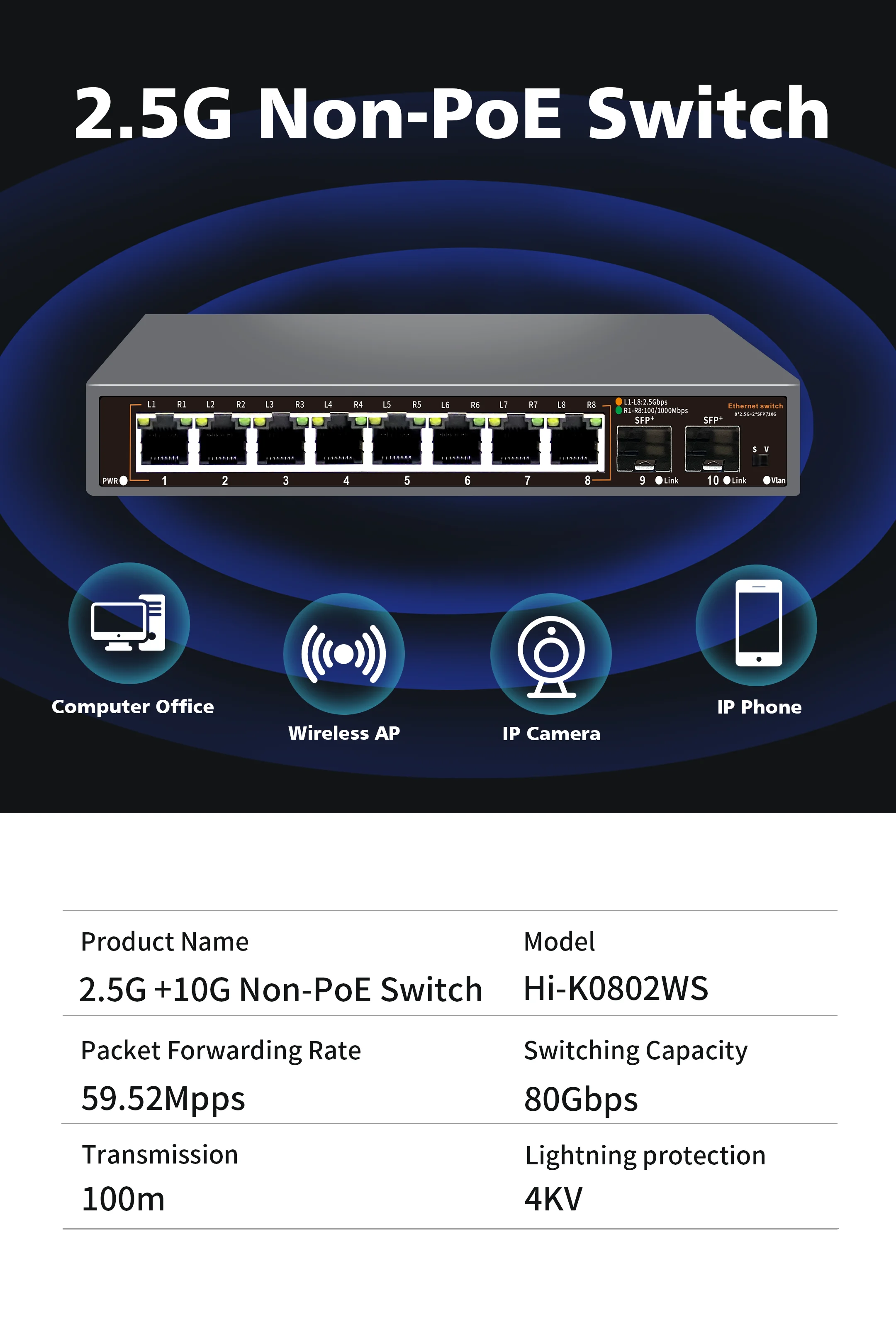 S7669e32be91a48148045d1c738ed4f0aO Hisource 8 Port 2.5G Ethernet Switch None POE Network Switch with 2*10G SFP Port unmanaged