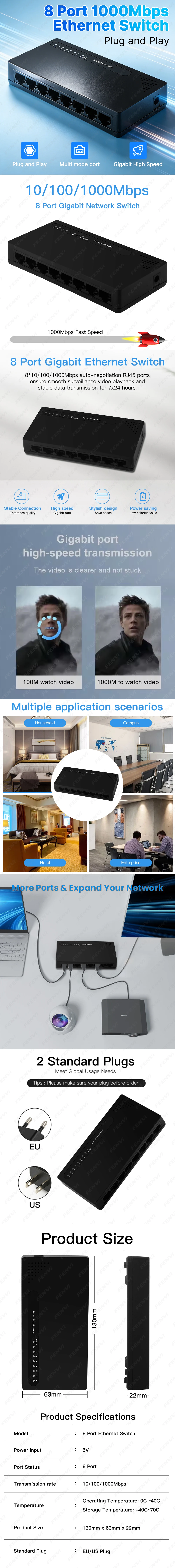 S776c7b1d955e4cf0970e1b1b1d5e4525r 8 Port Gigabit Ethernet Switch 10/100/1000Mbps Desktop Network Switch 1Gbps Network Switch Plug&Play RJ45 LAN Hub for PC Office