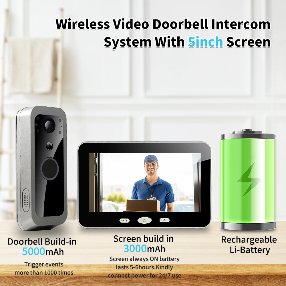 S798f9d52ec98449eae2890f305994260Z Tuya Wireless Video Doorbell Outdoor 5' Sreen Smart Life Intercom Battery in- PIR motion 2.4G WiFi, Two-Way Talk, Night Vision