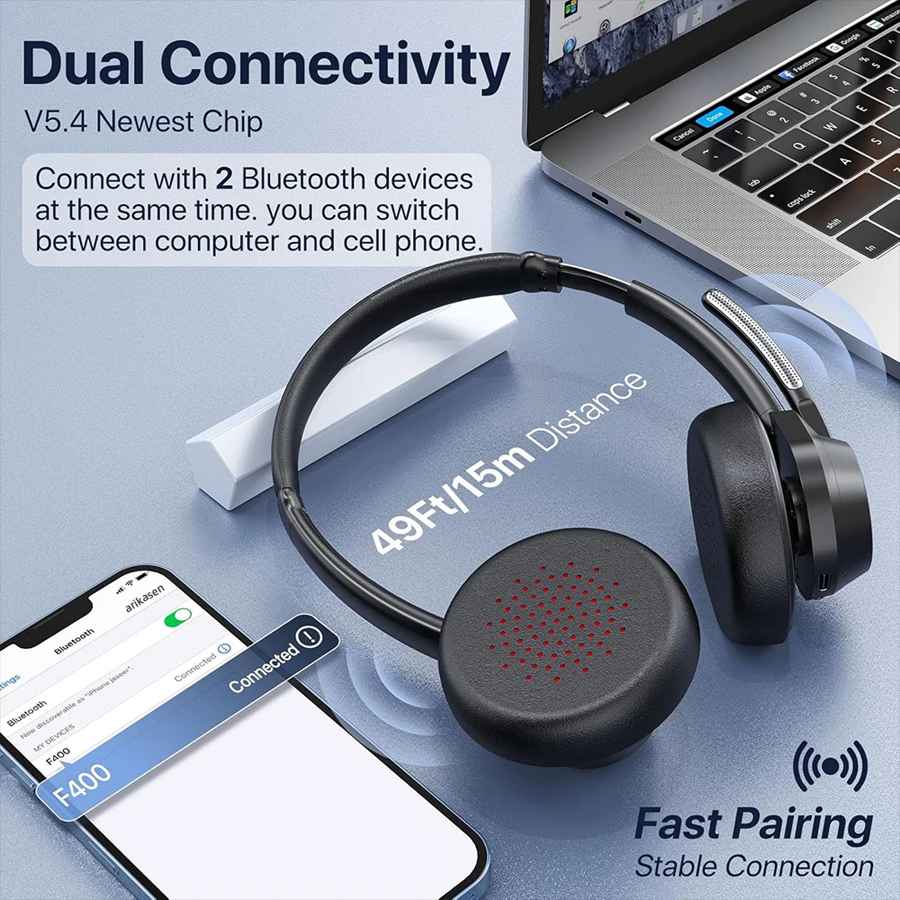 S7d147c9432e740d88904cebb633c5744i Bluetooth Headset, Wireless Bluetooth V5.4 Headphones with Microphone, Noise Canceling Mic Multipoint Connect Wireless Headset