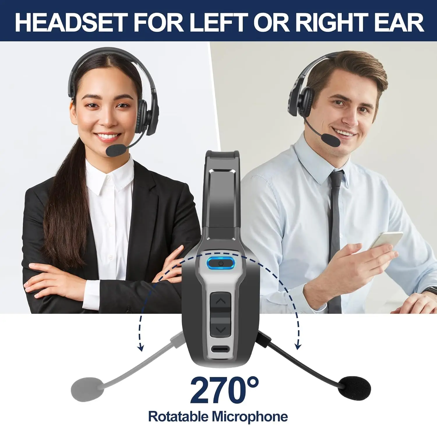 S7d8d6235f95a4f7cb0ca822d52e296587 Casque Bluetooth Trucker double micro antibruit CVC8.0, bouton mute, 60 h d'autonomie, sans fil supra-aural