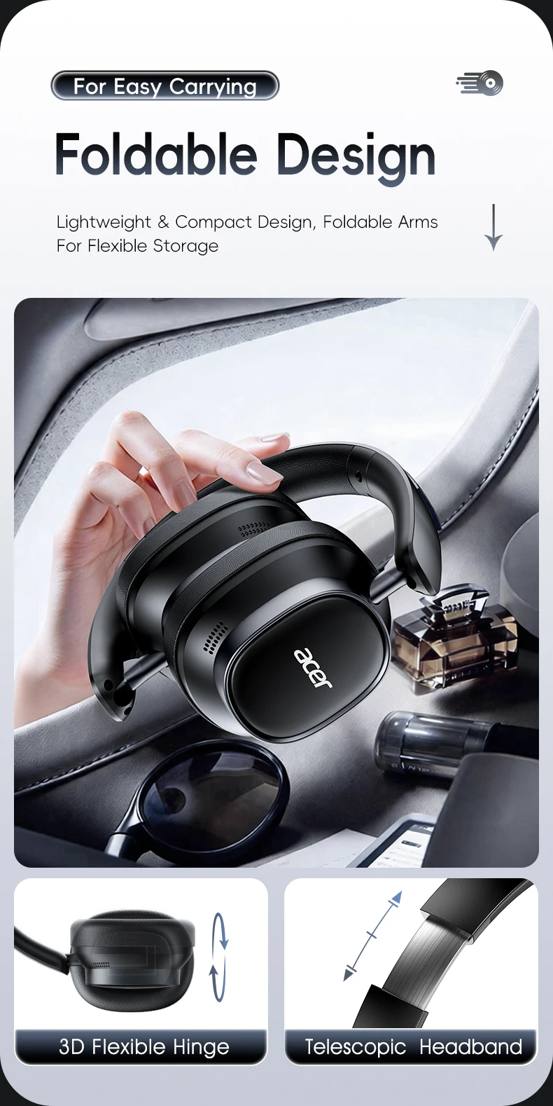 S815061a7fb244f839a1c4d368263f2c43 Acer Ohr633 2026 Nouveau modèle, casque Bluetooth sans fil HiFi stéréo, ANC réduction de bruit d'appel, pliable réglable, micro HD intégré, gaming