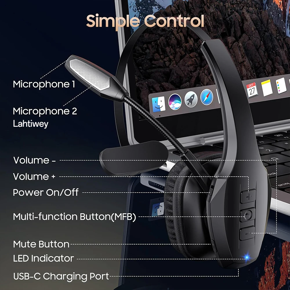 S8a98e1ee652548a8870c43b6e5f0019d4 Trucker Bluetooth Headset, Wireless Headset with Mic, Bluetooth Headsets with Dual Noise Cancelling Microphone & Mute Button