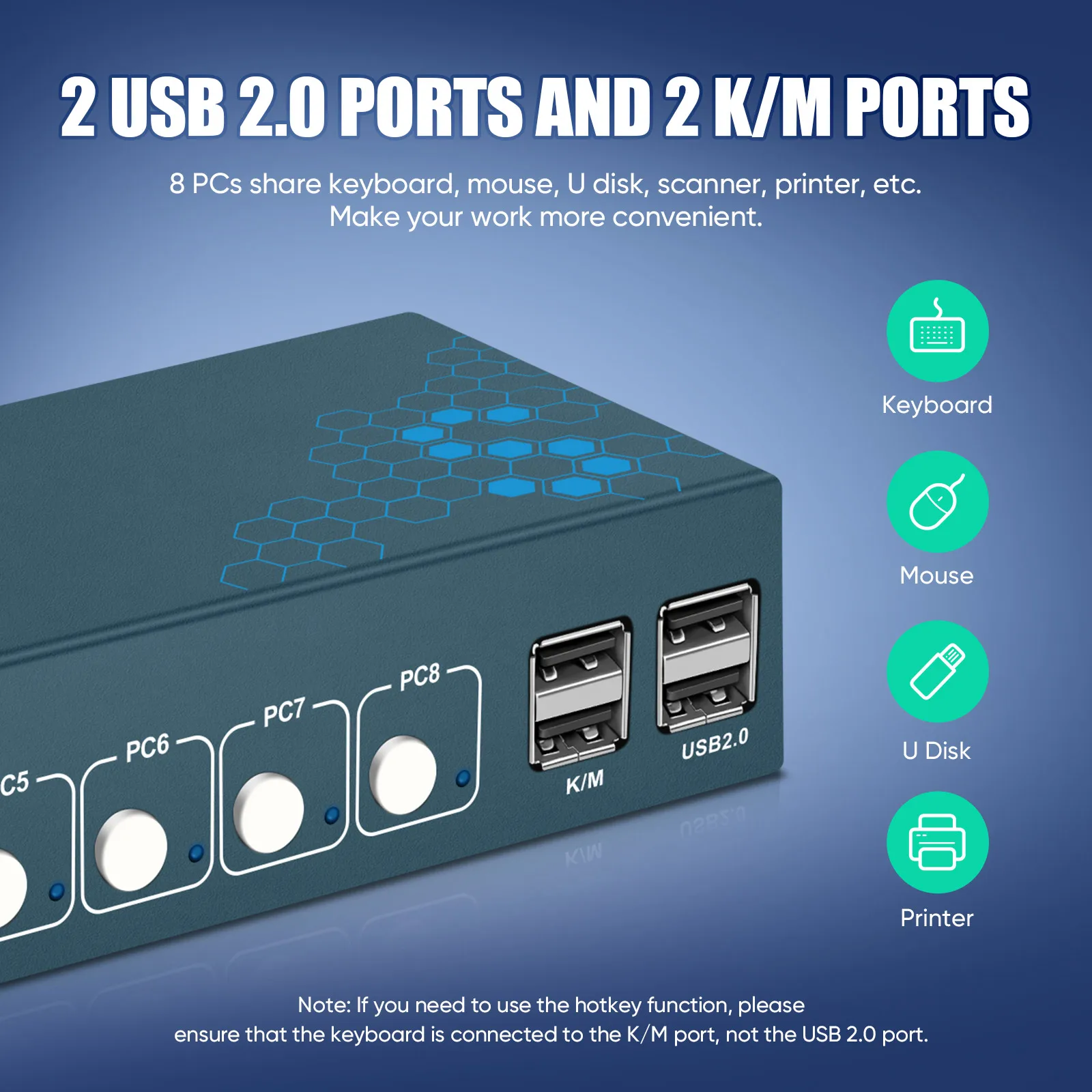 S8d4ce9ea4f78438987d97908c9fc9d43u 8 Port KVM Switch USB2.0 4K30Hz 8 in 1 Out 8 PCs Sharing with One Set of Keyboard Mous Plug and Play Hot Key