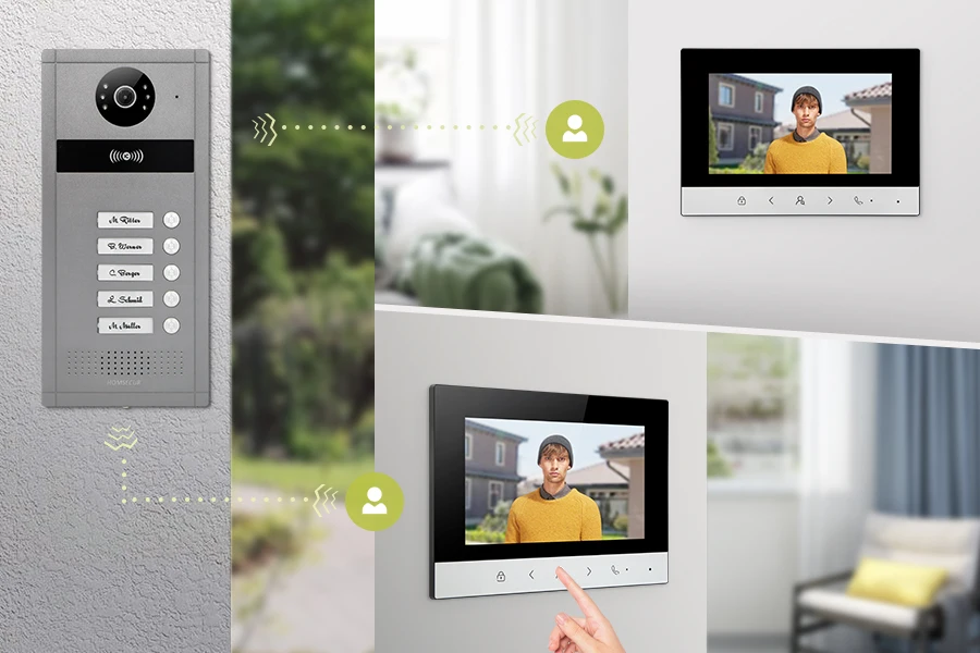 S8db2e44eba7e4db7a4ba011bc8561177V Video Doorphone Intercom System,7" Monitor, IR, Live View and Conversation,Unlock by Monitor APP/Swipe Card, (for 5-Family)