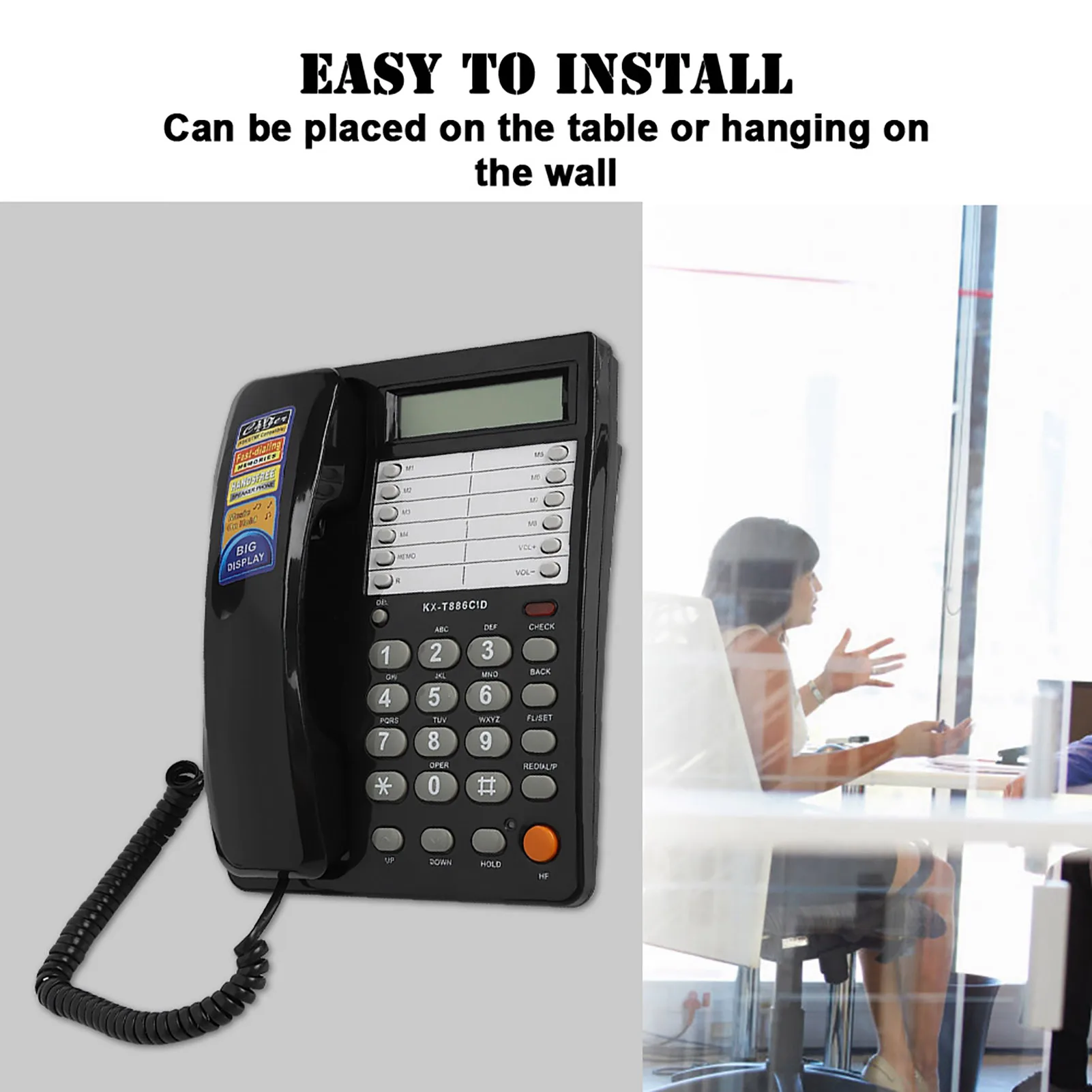 S8f7756a4cfca46f8b368662c1fcd400cI Téléphone filaire de bureau mural, maison hôtel, fixe noir DTMF/FSK, appel clair, utilisation facile