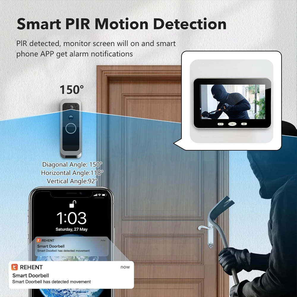 S9078476c966d45e598fb7149317477b7a Tuya Wireless Video Doorbell Outdoor 5' Sreen Smart Life Intercom Battery in- PIR motion 2.4G WiFi, Two-Way Talk, Night Vision