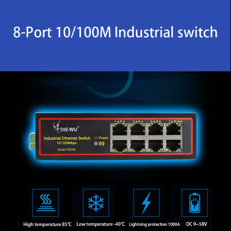 S912a0466e93e476986b602e88f95adbdh DC9~58V RJ45 Hub network switch DIN rail type 10/100M Ethernet Smart Switcher 8-Port Industrial switch Internet Splitter adapter