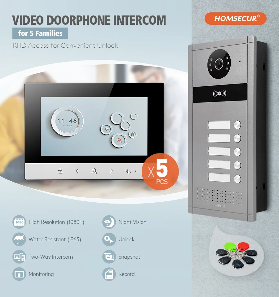 S93549b0aec2b4606877bd8c38c8ab8a0v Video Doorphone Intercom System,7" Monitor, IR, Live View and Conversation,Unlock by Monitor APP/Swipe Card, (for 5-Family)
