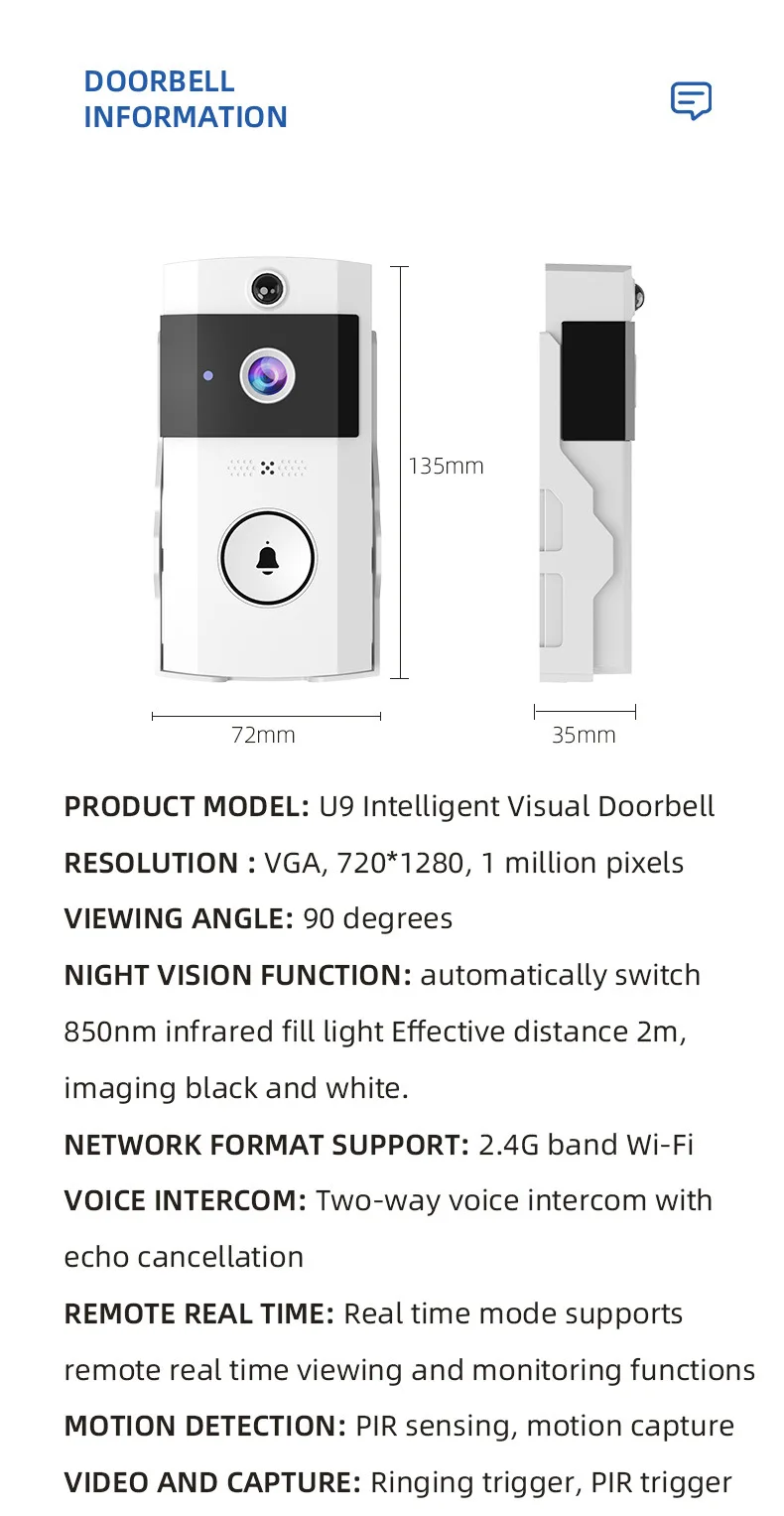 S94d445306ec04bb8b5d1b4ffd5f8c256g Wireless Video Doorbell with Solar Rain Cover Waterproof Wifi Door Bell Camera Color Intercom Video Doorbell Smart Home Security