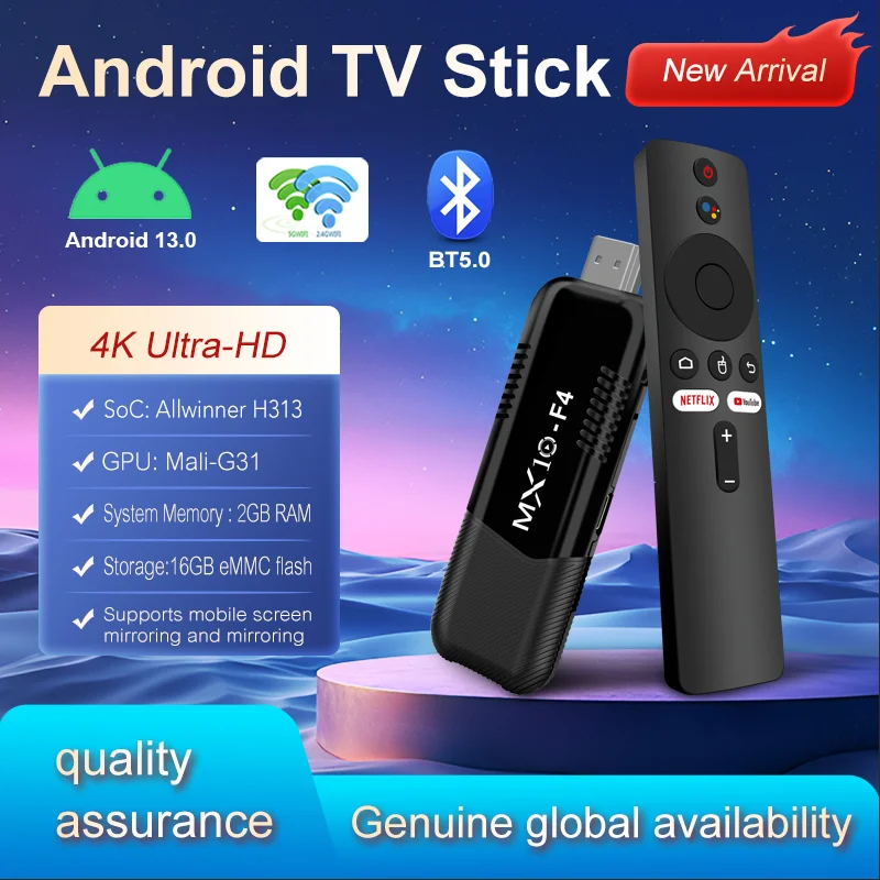 S956ebca5d2b64139994091a777e92530A TV Stick Android 13 MX10 F4 2GB RAM 16GB eMMC 4K 60fps WiFi 5 BT5.0 Voice Remote Streaming Player