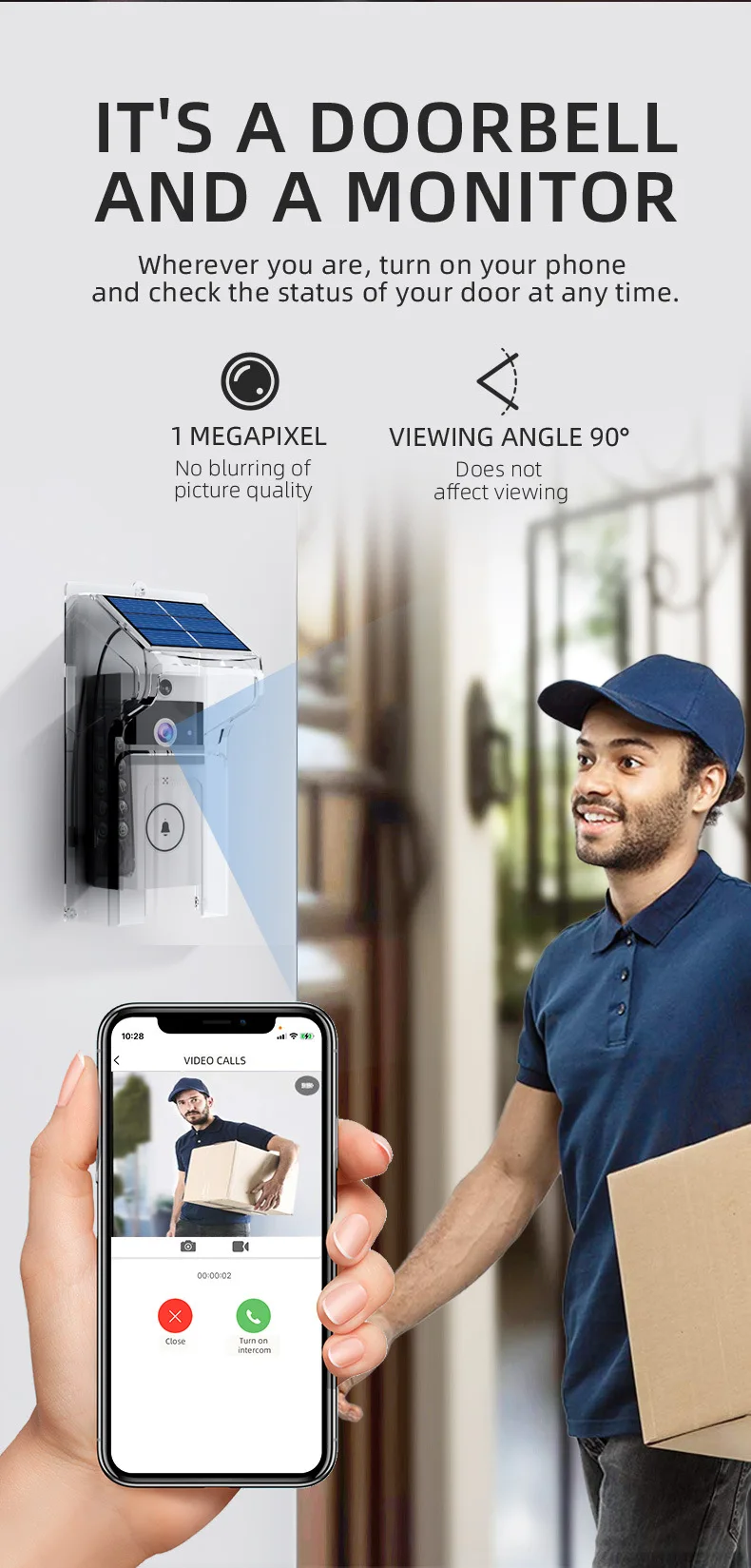 S9a127ca76f11491aa0bfe4352ec92f8eD Wireless Video Doorbell with Solar Rain Cover Waterproof Wifi Door Bell Camera Color Intercom Video Doorbell Smart Home Security