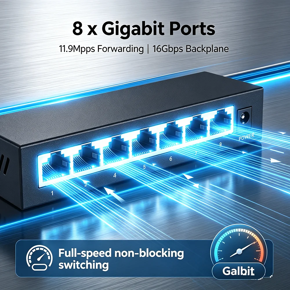 S9b487bd93c104f96ba9efc593fb39f1bj 8/5 Port Gigabit Web Managed Switch Metal Fanless Home Lab Network Switch Link Aggregation/VLAN/QOS/IGMP/AI Port Monitoring