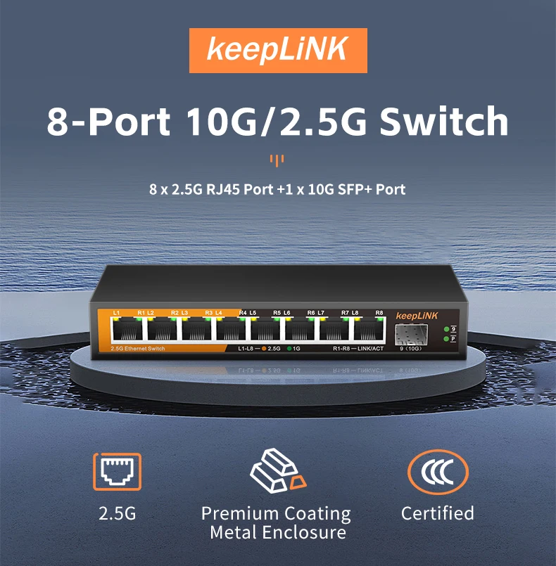 Sa241a3163be04b3c9487a096e3bf8252r KeepLiNK 8-Port 2.5Gbps Ethernet Network with 1-10Gb SFP+ Unmanaged Plug and Play