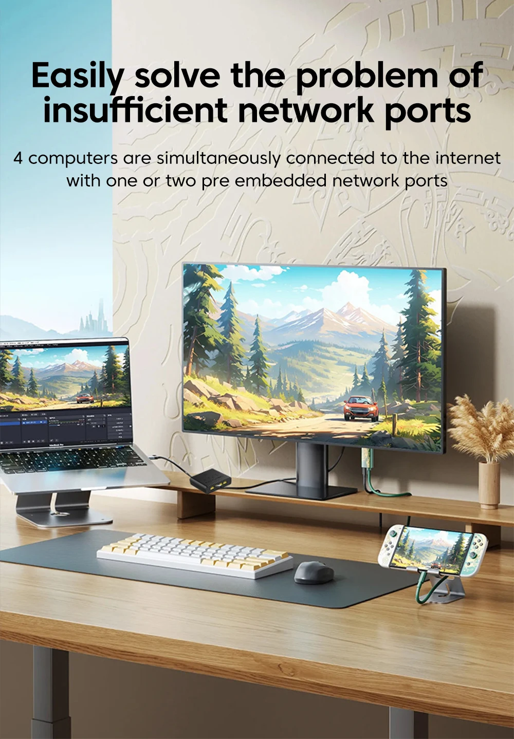 Sac7dd912b4fe4e8a8b672338cac5ddffl 4 in 1 Network Switch 10/100/1000Mbps Ethernet RJ45 Port Wire Network Signal Transmission Switch For Computer Router Internet TV