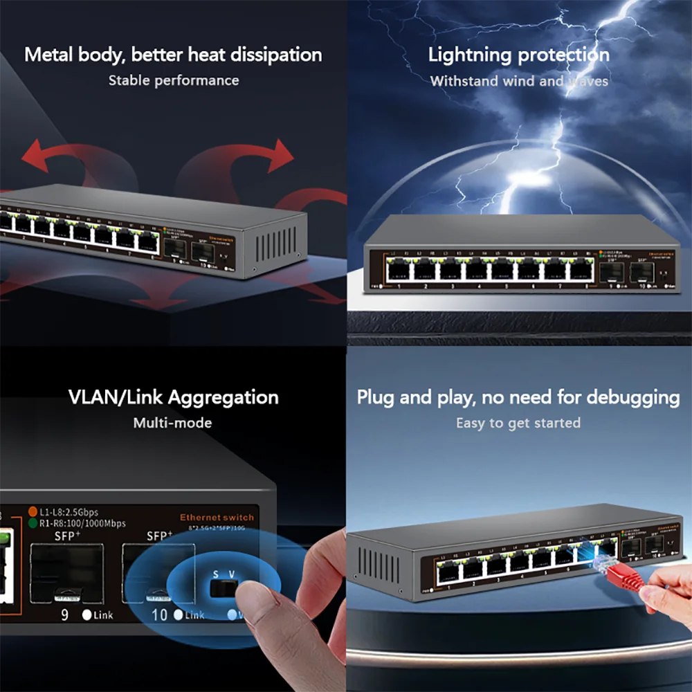 Sada237cf745f47ff8c2d88401a8f71e4d 8+2 Ports 2.5G Ethernet Network Switch 2500BASE-TX Switch with 2*10G SFP Port for IP Camera/CCTV Security