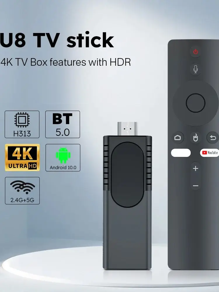 Sb4f038b7c94842619ad1a188bb5bf7eek 2026 U8 Clé TV Android 10.0, box H313, HDR, WiFi BT5, 2.4G 5G 4K HD, télécommande vocale, décodeur
