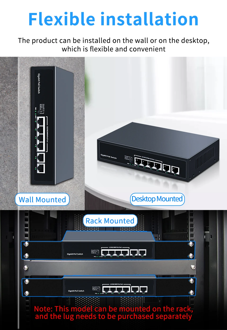 Sb673af3b8db74d25b0f7e83a6fb61c4cC HORACO 6 Port Gigabit POE Switch 1000Mbps Active POE Network Switch 60W for IP Camera,NVR,Surveillance,CCTV,POE Camera