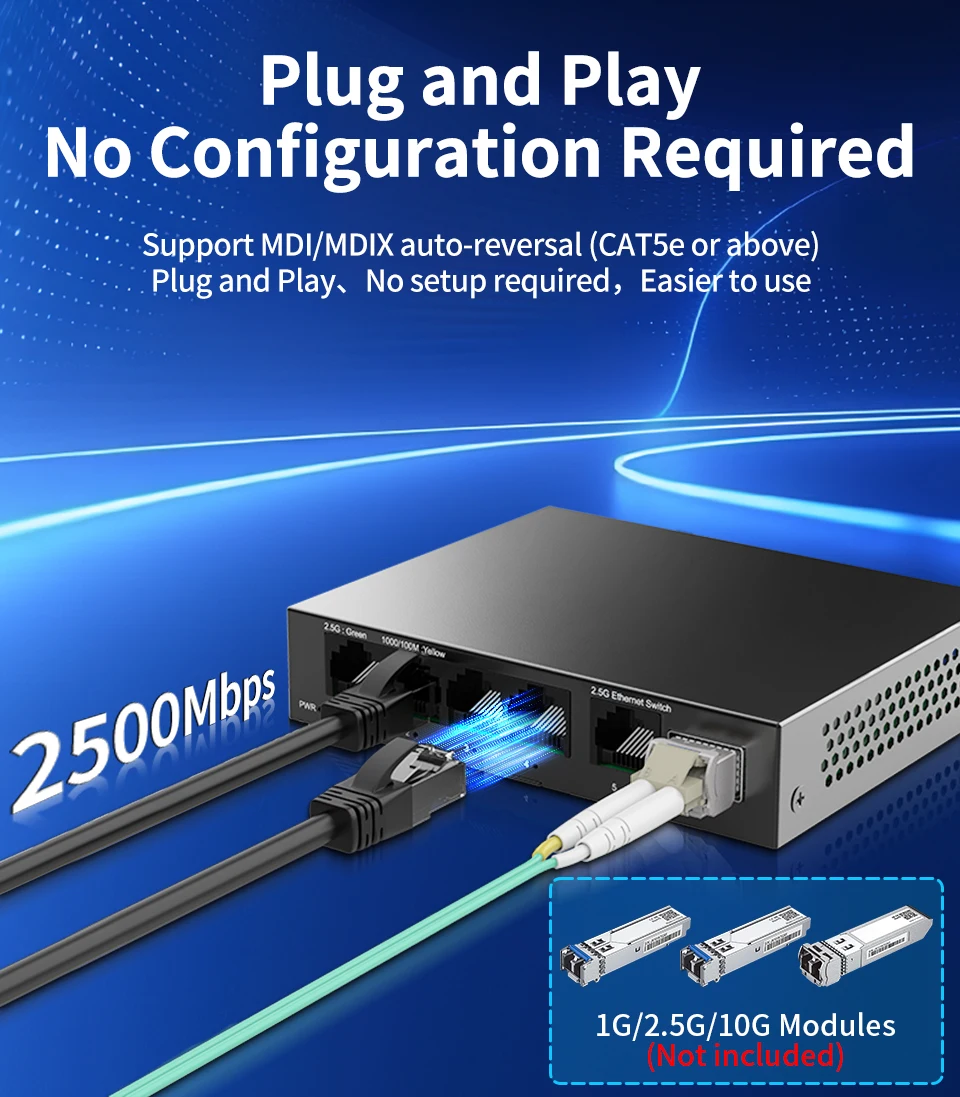 Sb6cf012f38b9417a88e716741799c41fc Switch Ethernet 5 ports 2.5GbE non administrable, 2.5 Gbps, 1 port SFP+ 10 Gb, homelab, plug and play