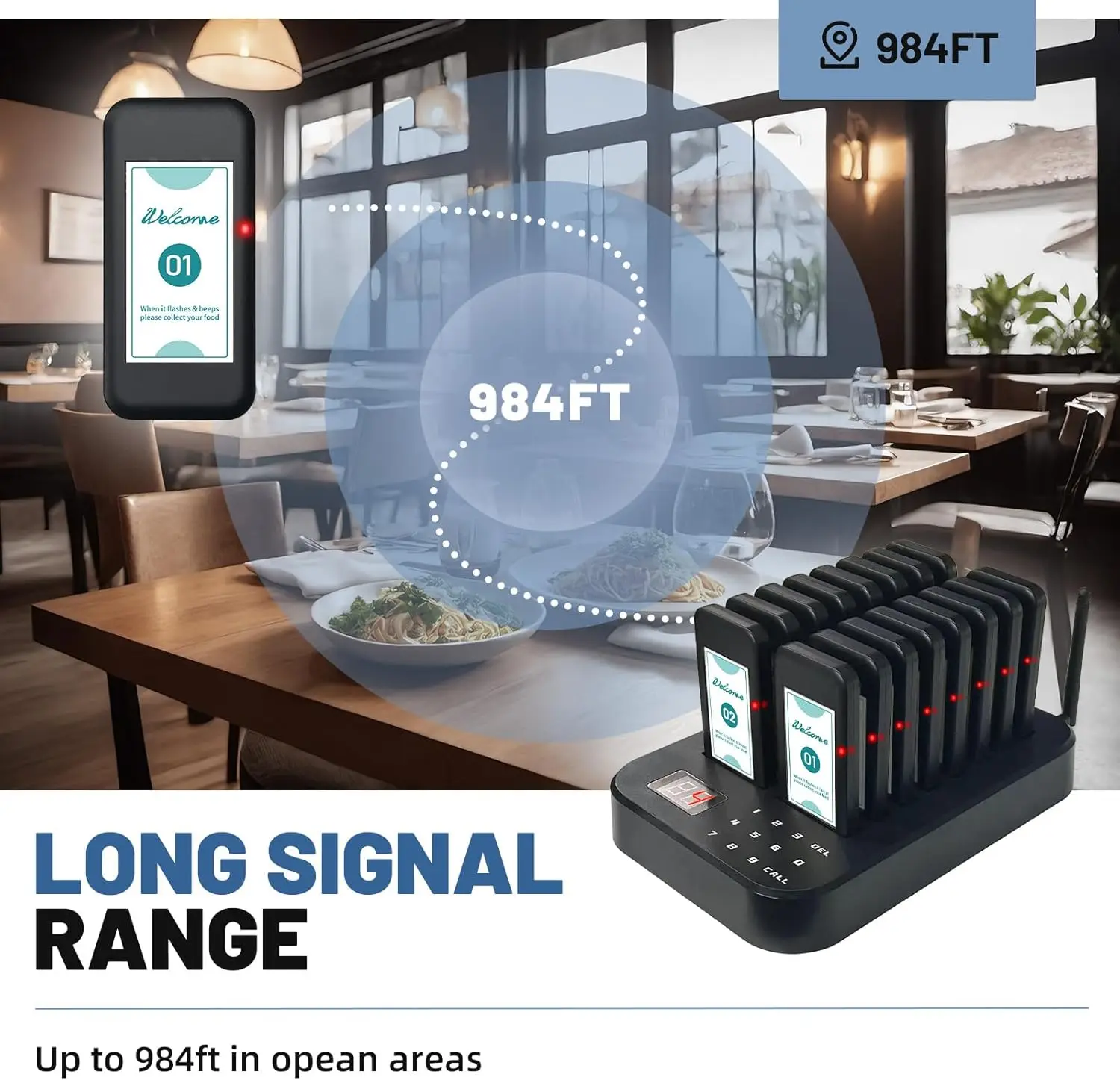 Sbacf92839b2846f79954066543b605931 Waterproof Wireless 16-Pager Paging System 200m Range for Restaurants Food Trucks Nursing Home Vibration Flashing Buzzer Call
